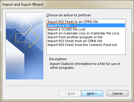Select Export to a file, and click Next