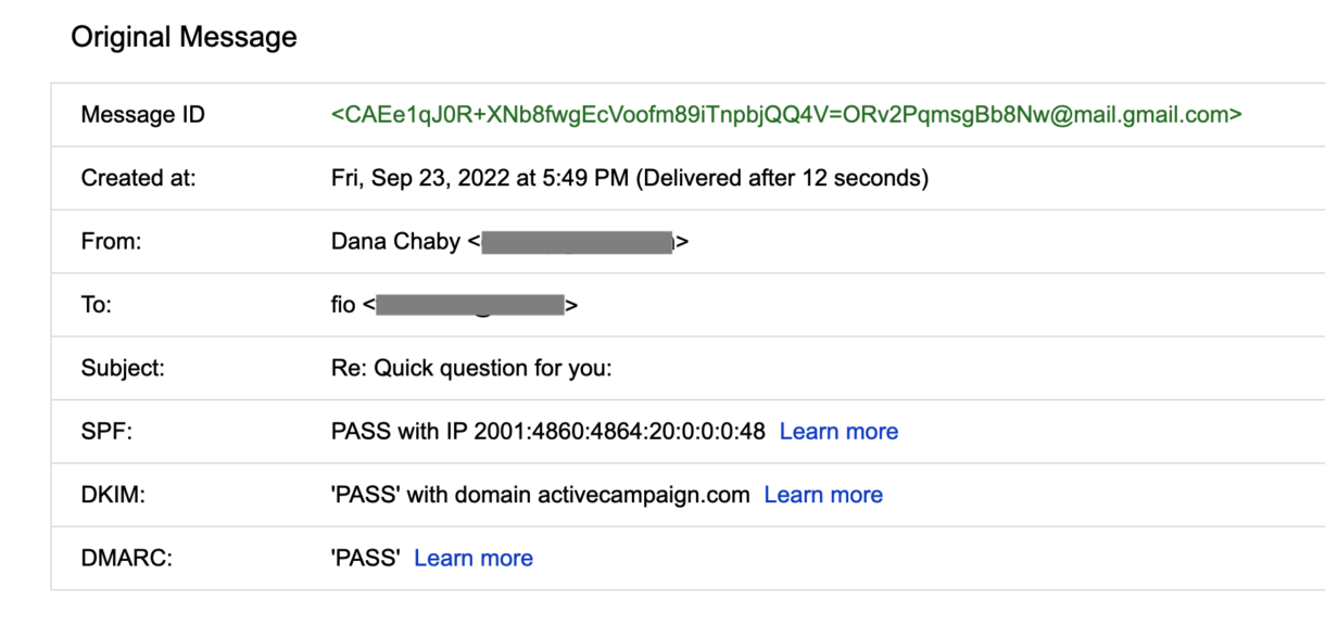 Gmail Show original - Authentication results for SPF, DKIM, DMARC