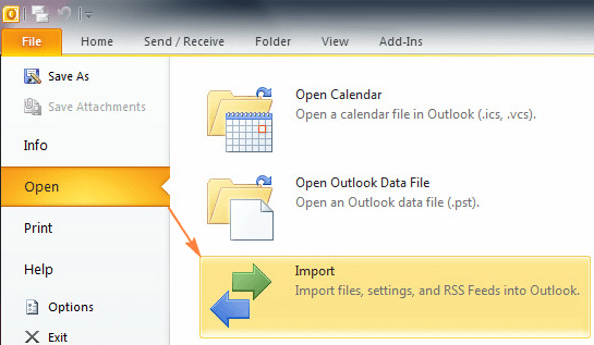 Importing the .pst file to Outlook 2010