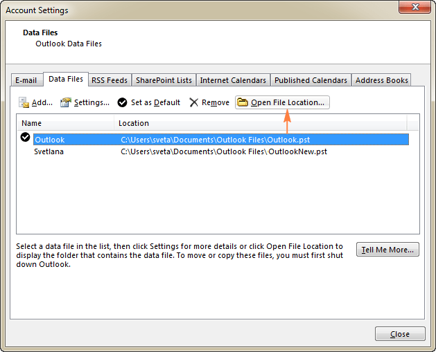 Quick way to determine the .pst file location