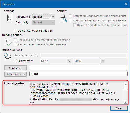 Outlook - showing Internet headers